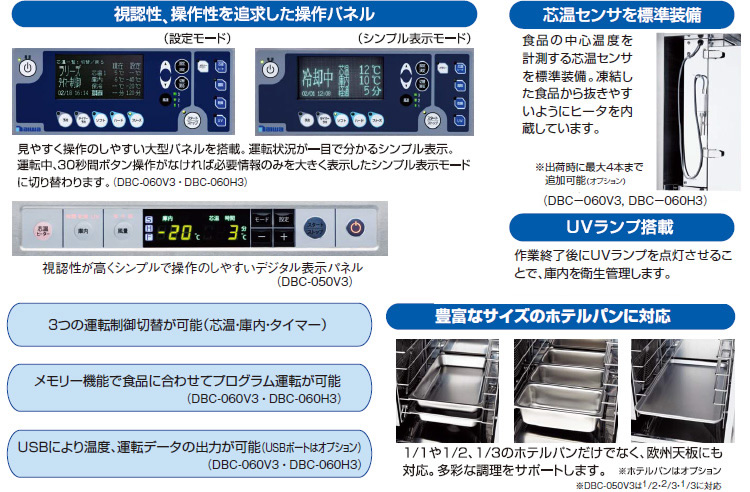 視認性、操作性を追求した操作パネル　UVランプ搭載　芯温センサを標準装備　豊富なサイズのホテルパンに対応　3つの運転制御切替が可能 芯温・庫内・タイマー　メモリー機能で食品に合わせてプログラム運転が可能　USBにより温度、運転データの出力が可能　USBポートはオプション