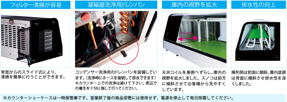 フィルター清掃が容易 凝縮器洗浄用ドランパン 庫内の視野を拡大 排水性の向上