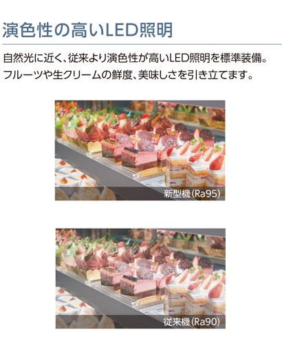 演色性の高いLED照明 自然光に近く、従来より演色性が高いLED照明を標準装備。フルーツや生クリームの鮮度、美味しさを引き立てます。
